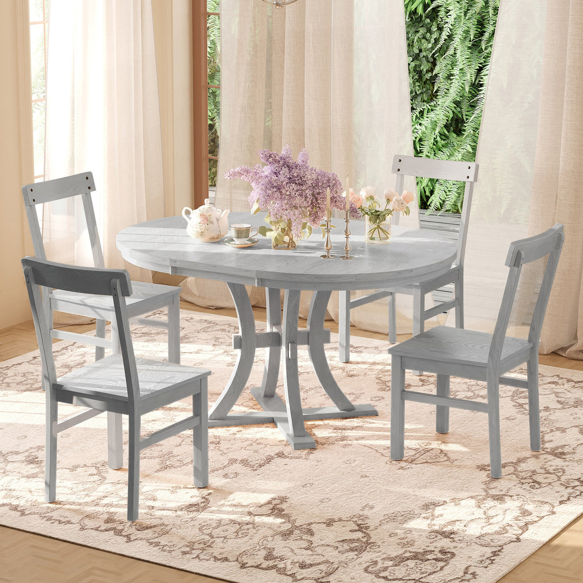 5-Piece Rustic Round Pedestal Extendable Dining Table Set with 15.7"