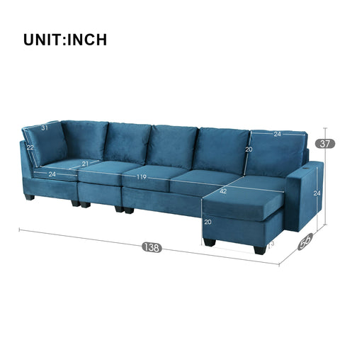 138*57" Modern L shape Sectional Sofa, 6-seat Velvet Fabric Couch with