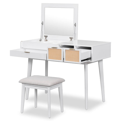 43.3" Classic Wood Makeup Vanity Set with Flip-top Mirror and Stool,