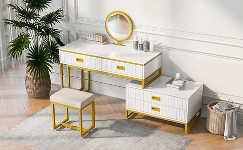 Vanity Table With Movable Side Cabinet and 4-Drawers, Dressing Table With Mirror