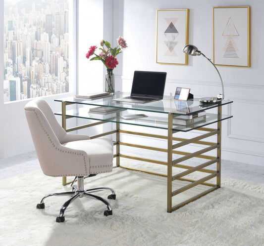 28inches X 56inches X 31inches Antique Gold Clear Glass Metal Desk