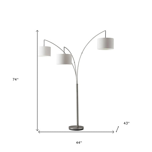 Three Light Brushed Steel Metal Arc Floor Lamp with Suspended White