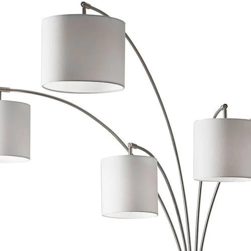 Five Light Floor Lamp Brushed Steel Arc Arms and Petite White Drum