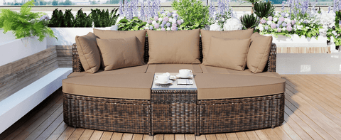 6-Piece Patio Outdoor Conversation Round Sofa Set, PE Wicker Rattan