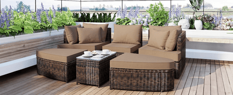 6-Piece Patio Outdoor Conversation Round Sofa Set, PE Wicker Rattan