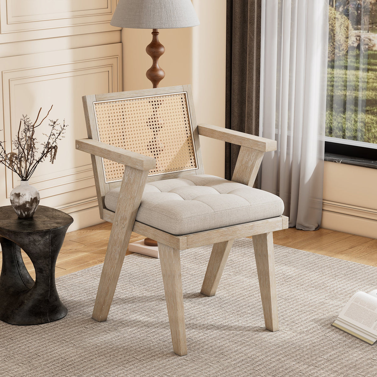 Mid-Century Accent Chair with Handcrafted Rattan Backrest and Padded