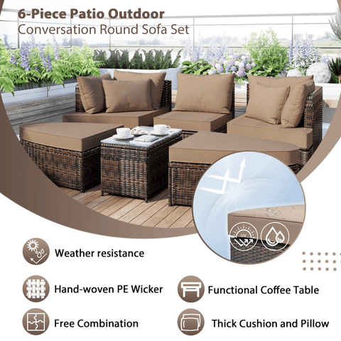 6-Piece Patio Outdoor Conversation Round Sofa Set, PE Wicker Rattan