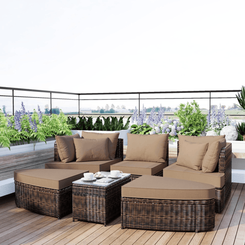 6-Piece Patio Outdoor Conversation Round Sofa Set, PE Wicker Rattan