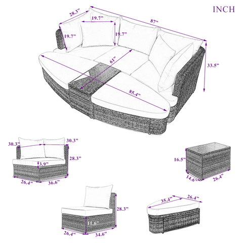 6-Piece Patio Outdoor Conversation Round Sofa Set, PE Wicker Rattan