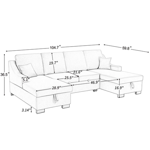 Upholstery Sleeper Sectional Sofa with Double Storage Spaces, 2