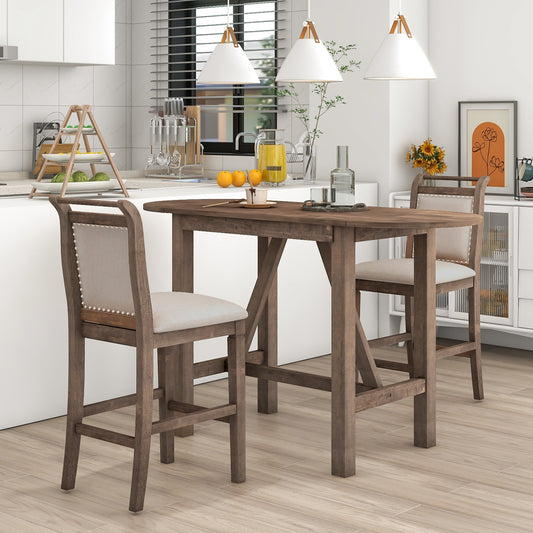 3-Piece Wood Counter Height Drop Leaf  Dining Table Set with 2