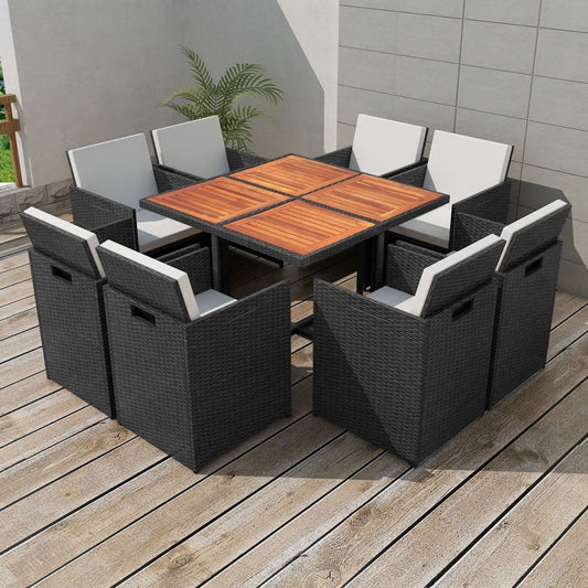 9 Piece Outdoor Dining Set with Cushions Poly Rattan Black