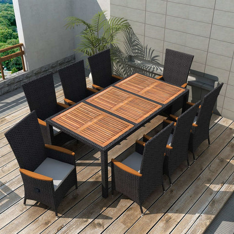 7 Piece Outdoor Dining Set Poly Rattan Acacia Wood Black