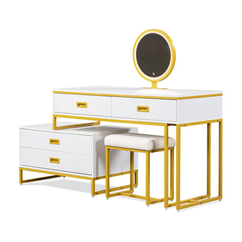 Vanity Table With Movable Side Cabinet and 4-Drawers, Dressing Table With Mirror