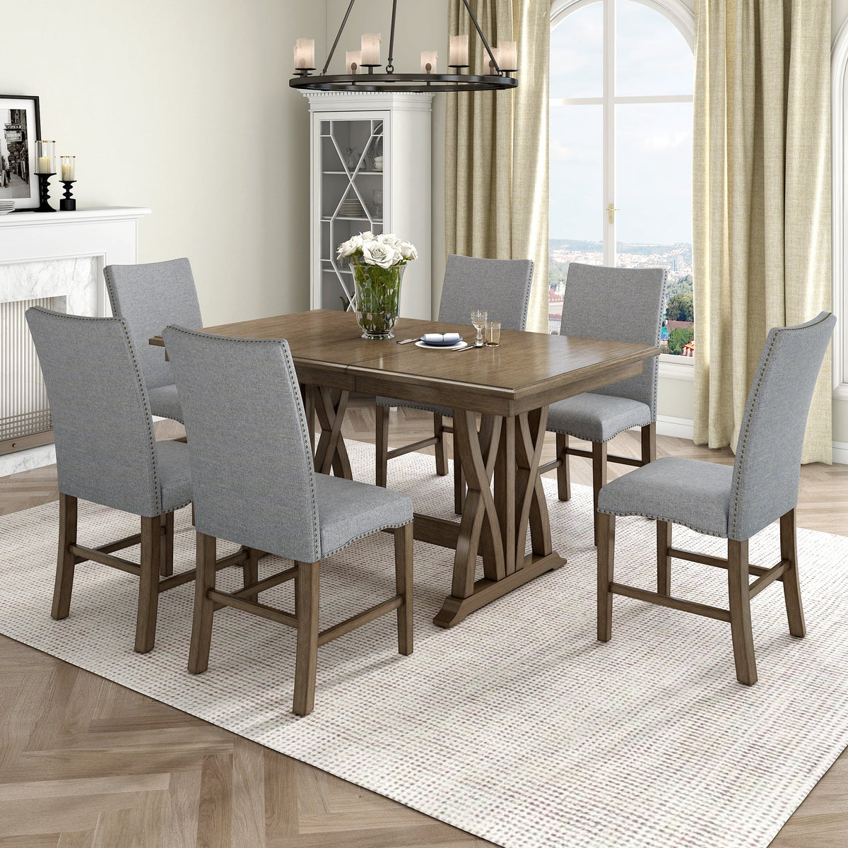 Mid-Century Solid Wood 7-Piece Dining Table Set Extendable Kitchen