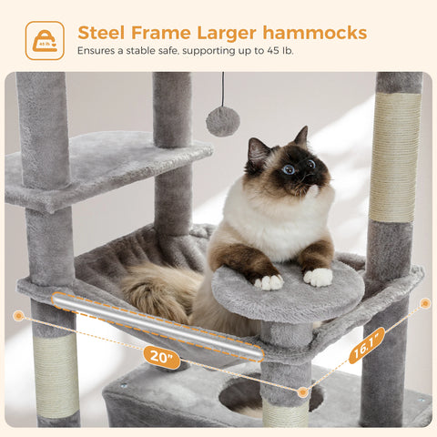 H184CM Large Cat Tower with Sisal Scratching Posts Spacious Condo Perch Stable for Kitten Multi-Level Tower Indoor Cozy Hummocks