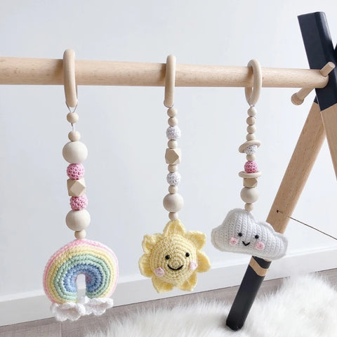 4 Pcs Beech Wood Baby Play Gym Frame Newborn Activity Fitness Rack Hanging Pendants Toys Crochet Rattle Teether Kids Room Decor