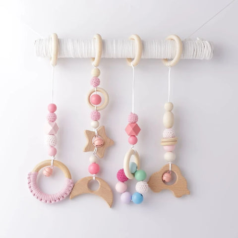 4 Pcs Wooden Baby Play Gym Frame Beech Ring Stroller Hanging Pendants Newborn Activity Gym Fitness Rack Rattle Toys Room Decor