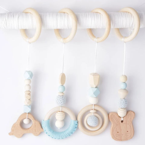 4 Pcs Wooden Baby Play Gym Frame Beech Ring Stroller Hanging Pendants Newborn Activity Gym Fitness Rack Rattle Toys Room Decor