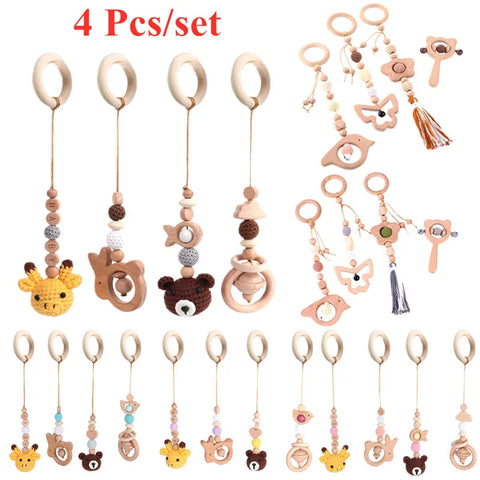 4 Pcs Beech Wood Baby Play Gym Frame Newborn Activity Fitness Rack Hanging Pendants Toys Crochet Rattle Teether Kids Room Decor