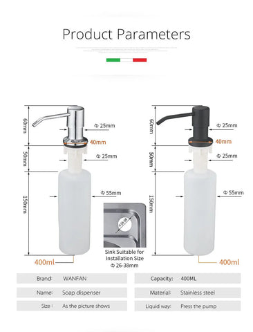 Deck Mounted Kitchen 400ml Soap Dispensers Stainless Steel Pump Chrome Finished for Kitchen Built in Counter top Dispenser 2309