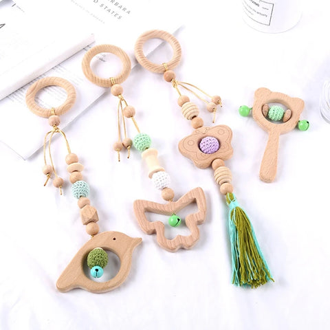 4 Pcs Beech Wood Baby Play Gym Frame Newborn Activity Fitness Rack Hanging Pendants Toys Crochet Rattle Teether Kids Room Decor