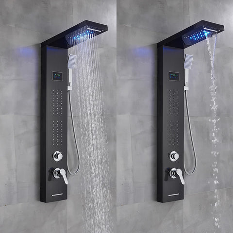 Bathroom LED Light Rain Waterfall Shower Panel Faucet Body Massage Jets Shower Faucet Stainless Steel Tub Spout Shower Column