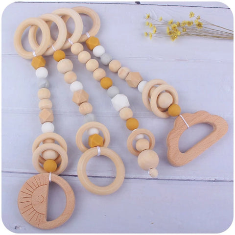 3/4 Pcs Baby Gym Frame Beech Wood Ring Baby Fitness Rack Pendants Silicone Beads Teether Newborn Stroller Rattle Play Gym Toys