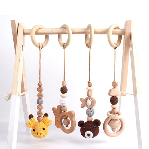 4 Pcs Beech Wood Baby Play Gym Frame Newborn Activity Fitness Rack Hanging Pendants Toys Crochet Rattle Teether Kids Room Decor