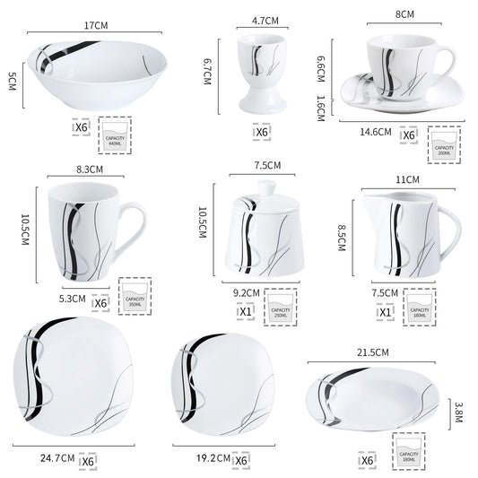 VEWEET FIONA 50/100-Piece Porcelain Dinner Set with Egg Cup,Cup&Saucer,Mug,Dessert&Soup&Dinner Plate,Bowl,Milk Jug,Sugar Pot Set