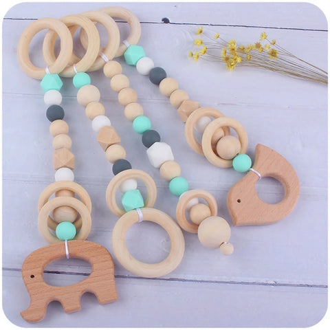 3/4 Pcs Baby Gym Frame Beech Wood Ring Baby Fitness Rack Pendants Silicone Beads Teether Newborn Stroller Rattle Play Gym Toys