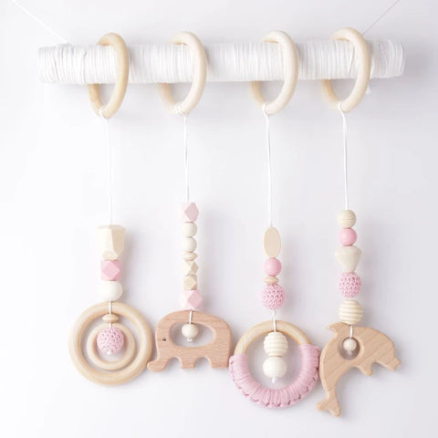 4 Pcs Wooden Baby Play Gym Frame Beech Ring Stroller Hanging Pendants Newborn Activity Gym Fitness Rack Rattle Toys Room Decor