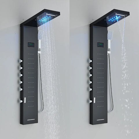 Bathroom LED Light Rain Waterfall Shower Panel Faucet Body Massage Jets Shower Faucet Stainless Steel Tub Spout Shower Column