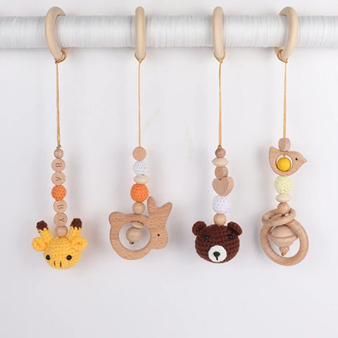 4 Pcs Beech Wood Baby Play Gym Frame Newborn Activity Fitness Rack Hanging Pendants Toys Crochet Rattle Teether Kids Room Decor