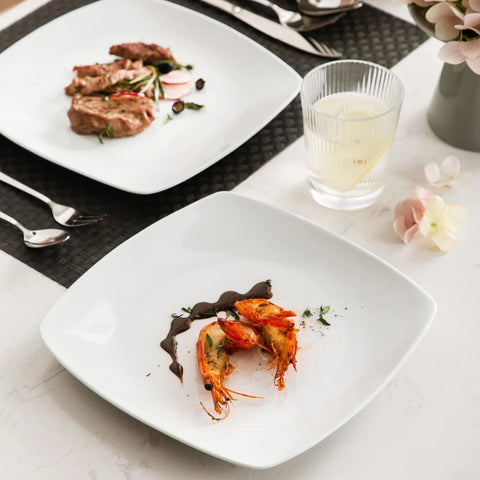 MALACASA Julia 6-Piece White Square Porcelain Dinner Plate Set Restaurant Salad Fruit Beef Flat Plate Set (23.5 * 23.5 * 2cm)