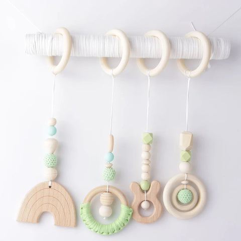 4 Pcs Wooden Baby Play Gym Frame Beech Ring Stroller Hanging Pendants Newborn Activity Gym Fitness Rack Rattle Toys Room Decor