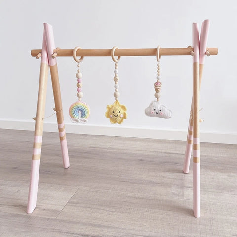 4 Pcs Beech Wood Baby Play Gym Frame Newborn Activity Fitness Rack Hanging Pendants Toys Crochet Rattle Teether Kids Room Decor