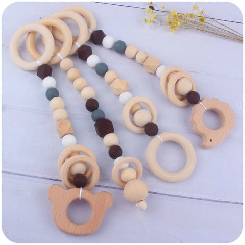 3/4 Pcs Baby Gym Frame Beech Wood Ring Baby Fitness Rack Pendants Silicone Beads Teether Newborn Stroller Rattle Play Gym Toys