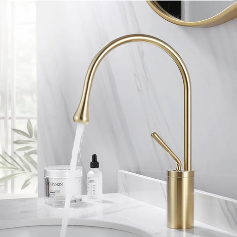 Brushed Gold Basin Faucet Black Faucet Deck Mounted Basin Sink Tap Hot & Cold Mixer Brass Tap for Bathroom