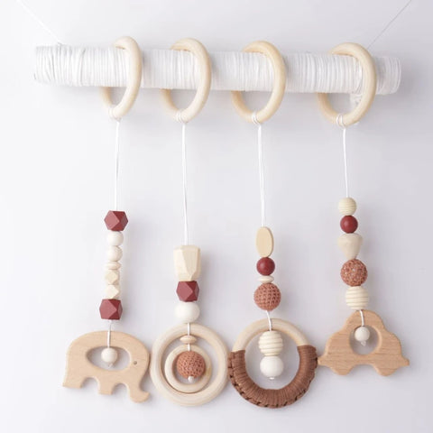 4 Pcs Wooden Baby Play Gym Frame Beech Ring Stroller Hanging Pendants Newborn Activity Gym Fitness Rack Rattle Toys Room Decor