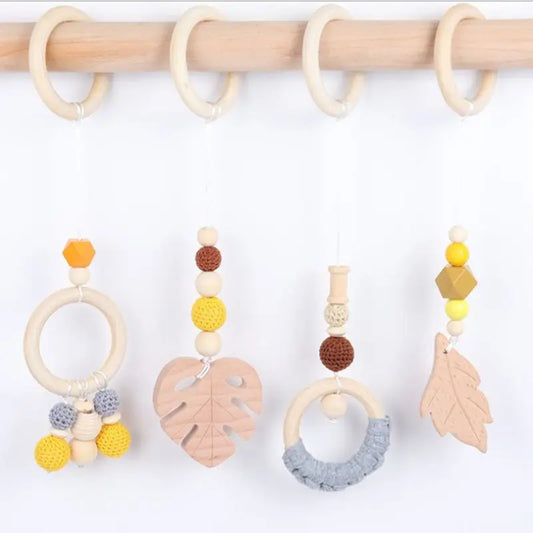 Baby Play Gym Frame Wooden Beech Activity Gym Frame Stroller Hanging Pendants Toys Teether Ring Nursing Rattle Toys Room Decor