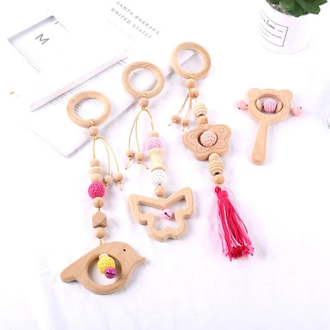 4 Pcs Beech Wood Baby Play Gym Frame Newborn Activity Fitness Rack Hanging Pendants Toys Crochet Rattle Teether Kids Room Decor