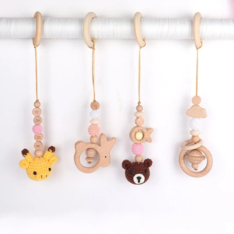 4 Pcs Beech Wood Baby Play Gym Frame Newborn Activity Fitness Rack Hanging Pendants Toys Crochet Rattle Teether Kids Room Decor