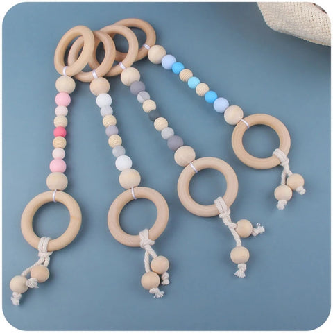 3/4 Pcs Baby Gym Frame Beech Wood Ring Baby Fitness Rack Pendants Silicone Beads Teether Newborn Stroller Rattle Play Gym Toys