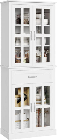 Kitchen Cabinet, Tall Cabinet with Glass Doors and Drawer, Freestanding Pantry Hunch with Adjustable Shelves, Cabinets Kitchen