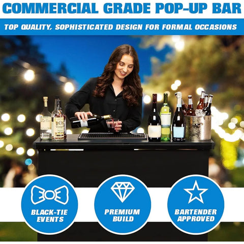 PRO Commercial Grade Portable Bar Table - Mobile Bartender Station for Events - Includes Black Skirt and Carry Case - Standard