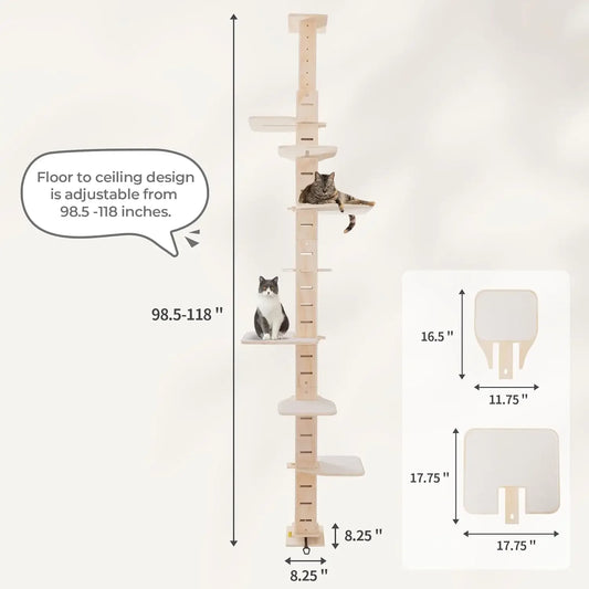 Tall Cat Tree Floor to Ceiling Cat Tower with Adjustable Height Cat Climbing Activity Tree with Platform, Natural