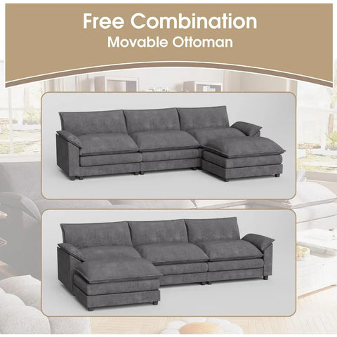 Convertible Sectional Sofa, Deep Seat and Reversible Ottoman, Modern Wide Arm L-Shaped Couch