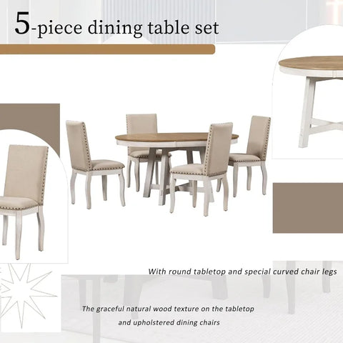 5-Piece Round Dining Table and Chair Set, Round Dining Table with Shelf, Wood Table Set for Family Dining Area