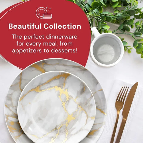 Marble Plates and Bowls Sets, Modern Kitchen 16-Piece Dinnerware Sets, Indoor and Outdoor Plates